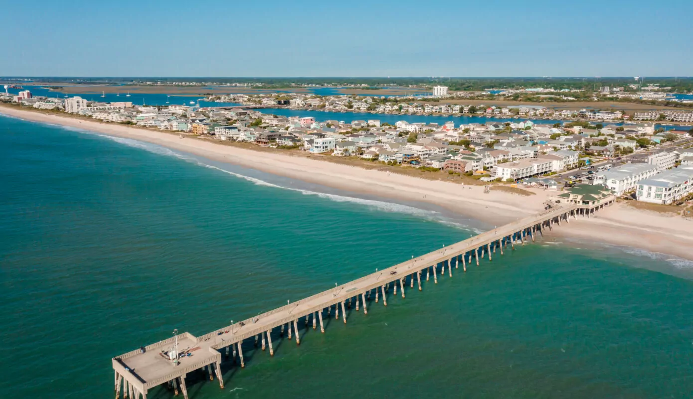 Aerial of Wrightsville Beach on a sunny day.